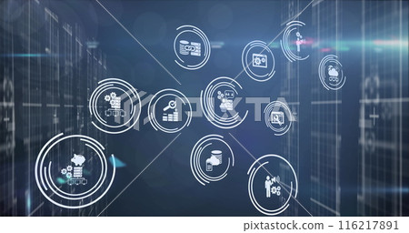 Image of multiple digital icons over light trails and light spots against blue background 116217891