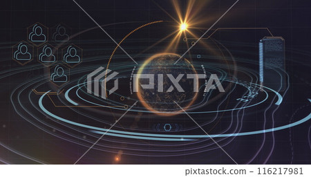 Image of digital interface multiple icons with glowing spinning globe and scope on black background Image of digital interface multiple icons with glowing spinning globe and scope on black background 116217981