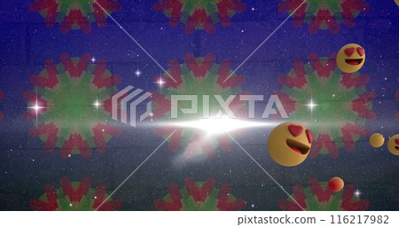 Image of multiple emoji icons moving over glowing kaleidoscope shapes changing in the background Image of multiple emoji icons moving over glowing kaleidoscope shapes changing in the background 116217982