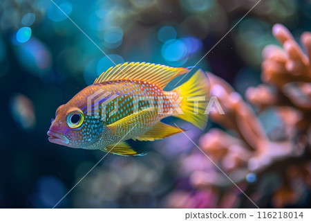 Colorful fish with blue and yellow stripes swimming in a coral reef 116218014