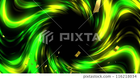 Image of confetti falling over glowing green and yellow light trails on black background Image of confetti falling over glowing green and yellow light trails on black background 116218034