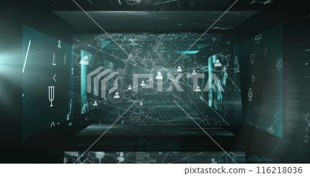 Digital image of network interface with interconnected icons and data points Digital image of network interface with interconnected icons and data points 116218036