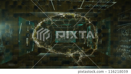 Digital image of human brain spinning against screens with mathematical equation 116218039