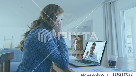 Image of biometric fingerprint over businesswoman using phone headset and laptop Image of biometric fingerprint over businesswoman using phone headset and laptop 116218058