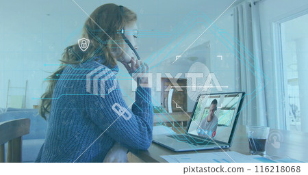 Image of biometric fingerprint over businesswoman using phone headset and laptop Image of biometric fingerprint over businesswoman using phone headset and laptop 116218068