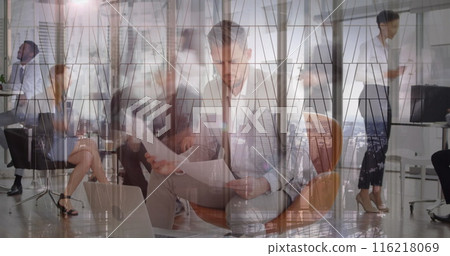 Image of fast walking pedestrians over business people in meeting Image of fast walking pedestrians over business people in meeting 116218069