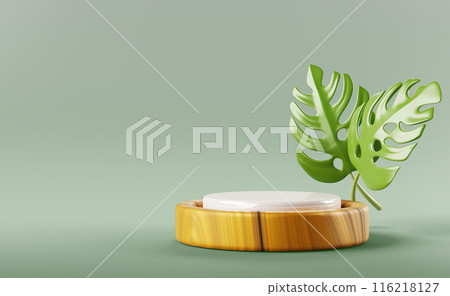 3d wooden podium display with tropical monstera leaves on pastel green studio room background. Natural wood platform with plant leaf for cosmetic beauty product render pedestal mockup. 3D illustration 116218127