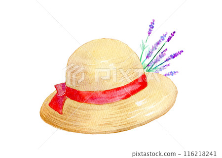 Straw hat and lavender flowers watercolor 116218241