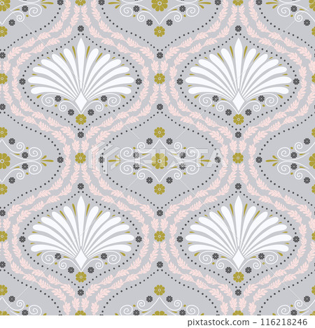 Seamless pattern with white anthemion floral shapes and ogee geometrical motifs on a gray background 116218246