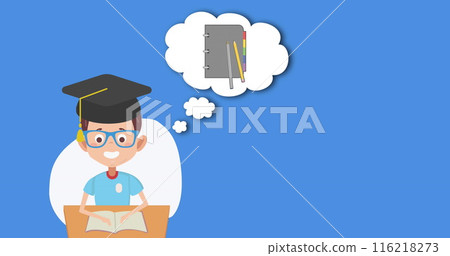 Image of graduated boy icon with notebook on speech bubble against blue background Image of graduated boy icon with notebook on speech bubble against blue background 116218273