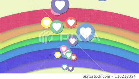Image of social media heart icons on rainbow background Image of social media heart icons on rainbow background 116218354