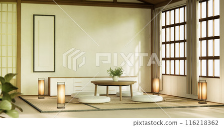 Modern with low table and pillow on minimal room japan style. Modern with low table and pillow on minimal room japan style. 116218362