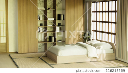 muji style empty room decorated with wooden bed, white wall and wooden wall. 3d rendering muji style empty room decorated with wooden bed, white wall and wooden wall. 3d rendering 116218369