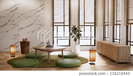 Modern with low table and pillow on minimal room japan style. Modern with low table and pillow on minimal room japan style. 116218443