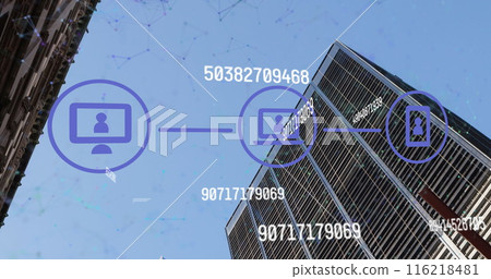 Image of data processing with media icons over cityscape 116218481