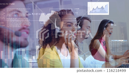 Image of statistics and data processing over business people using phone headsets 116218499