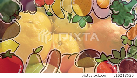 Image of illustration with fruit and vegetable over fresh lemons Image of illustration with fruit and vegetable over fresh lemons 116218526