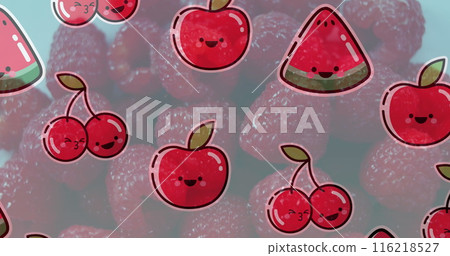 Image of illustration with fruit over fresh raspberries Image of illustration with fruit over fresh raspberries 116218527