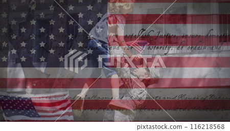 Image of flag of united states of america over male soldier with daughter Image of flag of united states of america over male soldier with daughter 116218568