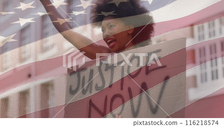 Image of flag of united states of america over senior african american woman demonstrating Image of flag of united states of america over senior african american woman demonstrating 116218574