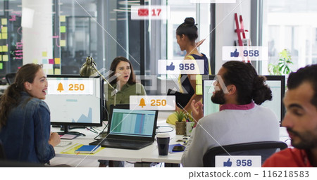 Image of media icons over happy diverse busines people in office 116218583