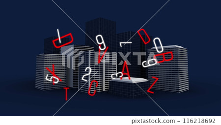 Image of falling numbers and letters over cityscape 116218692