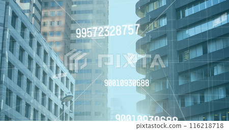 Image of numbers changing and data processing over cityscape Image of numbers changing and data processing over cityscape 116218718