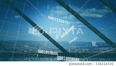 Image of numbers changing and data processing over cityscape Image of numbers changing and data processing over cityscape 116218720