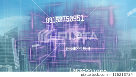 Image of numbers changing and data processing over cityscape 116218724