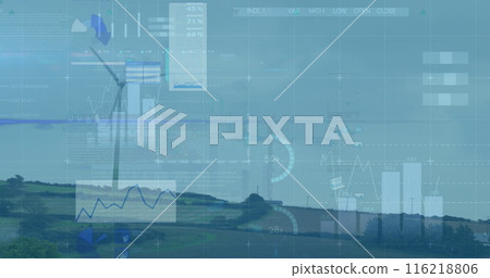 Image of statistics and data processing over wind turbines in countryside landscape Image of statistics and data processing over wind turbines in countryside landscape 116218806