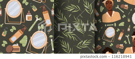 Seamless pattern with skin care products. A set of backgrounds with beauty products, creams, gua sha, etc. Skin and body care 116218941