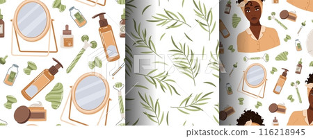 Seamless pattern with skin care products. A set of backgrounds with beauty products, creams, gua sha, etc. Skin and body care Seamless pattern with skin care products. A set of backgrounds with beauty products, creams, gua sha, etc. Skin and body care 116218945