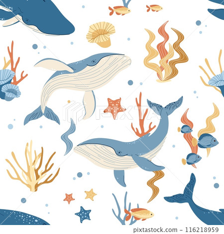 Seamless pattern with cartoon whale. Background with sea animal in flat style. Suitable for decoration, design, stickers Seamless pattern with cartoon whale. Background with sea animal in flat style. Suitable for decoration, design, stickers 116218959