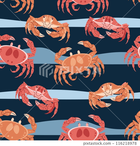 Seamless pattern with cartoon crab. Background with sea animal, seaweed in flat style. Suitable for decoration, design, stickers 116218978