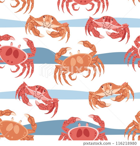 Seamless pattern with cartoon crab. Background with sea animal, seaweed in flat style. Suitable for decoration, design, stickers 116218980