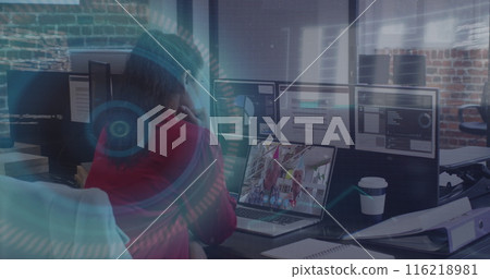 Image of data processing over caucasian businesswoman wearing vr phone headset 116218981