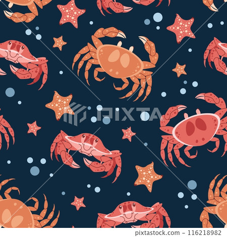 Seamless pattern with cartoon crab. Background with sea animal, seaweed in flat style. Suitable for decoration, design, stickers 116218982