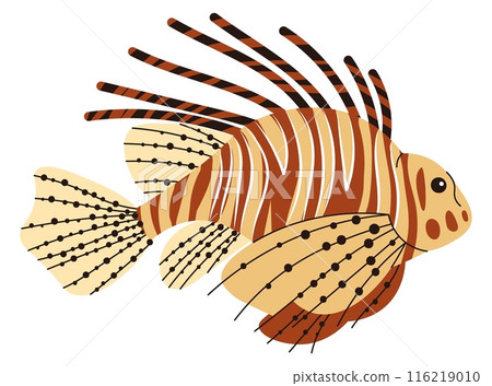 Hand drawn cartoon lionfish. Vector illustration of a poisonous striped fish in doodle style. Suitable for decoration, sticker design 116219010