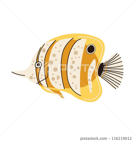 Hand drawn cartoon butterfly fish. Vector illustration of a tropical fish in doodle style. Suitable for decoration, sticker design 116219012
