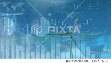 Image of graphs and financial data over wind turbine 116219225