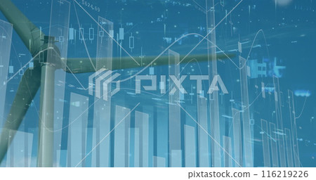 Image of graphs and financial data over wind turbine 116219226