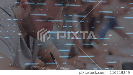 Image of data processing over diverse students writing Image of data processing over diverse students writing 116219249