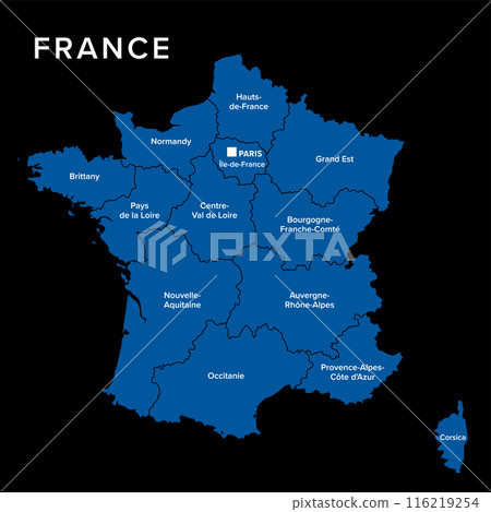 France, dark political map with regions of Metropolitan France. French Republic with capital Paris, administrative regions and prefectures on the mainland of Europe. Isolated illustration. Vector 116219254