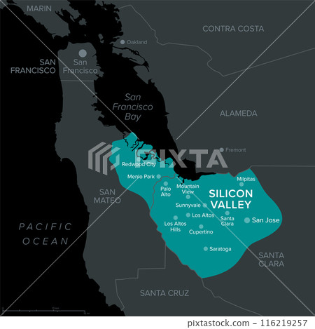 Silicon Valley, a region in Northern California, dark political map. Global center for high technology and innovation in the United States, located in the southern part of the San Francisco Bay Area. 116219257