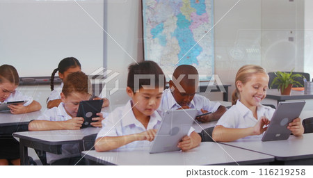 Image of data processing over diverse schoolchildren with teacher 116219258