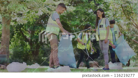 Image of financial data processing over diverse people cleaning park Image of financial data processing over diverse people cleaning park 116219277