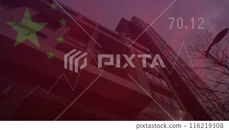 Image of waving chinese flag and data processing against tall buildings Image of waving chinese flag and data processing against tall buildings 116219308