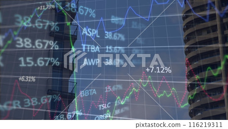 Image of financial and stock market data processing against construction site Image of financial and stock market data processing against construction site 116219311