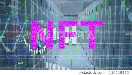 Image of nft text, financial data processing over servers background 116219353