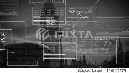 Image of interface with data processing against view of big ben tower Image of interface with data processing against view of big ben tower 116219379